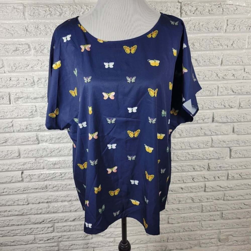 Emery Rose Women's 1XL Blue Butterfly Blouse Short Sleeve Round Neck Top NOV2XE